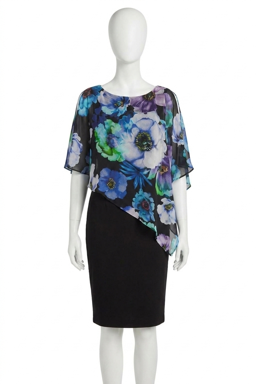 NEW JOSEPH RIBKOFF floral chiffon overlay slit sleeve sheath dress in black/mult
